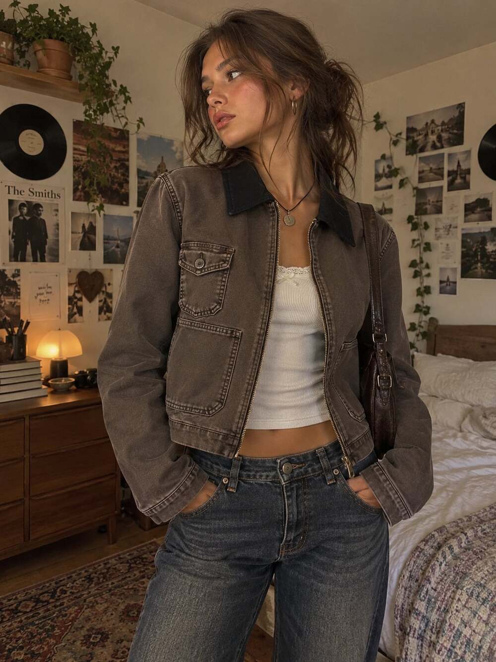 Wild Fable Brown Canvas Chore Jacket Black Corduroy Collar Utility Workwear M